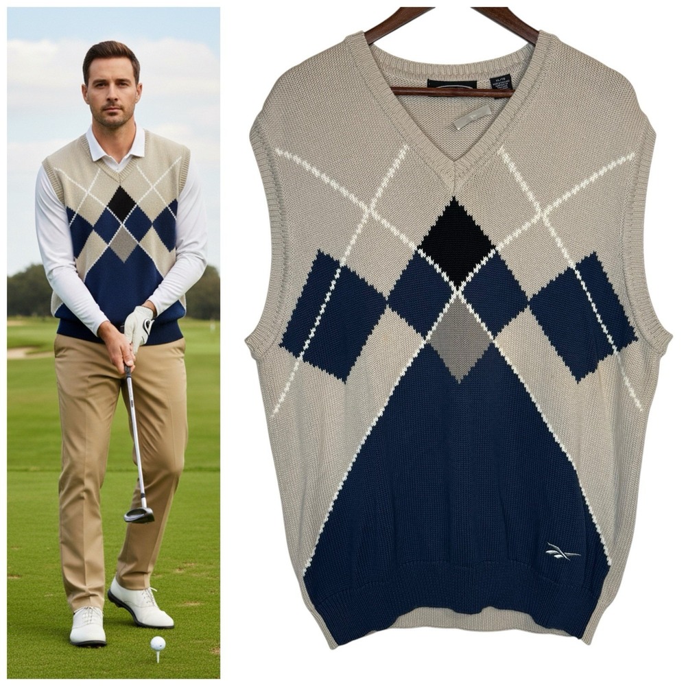 NWT Vintage Reebok Sweater Vest XL Argyle Cotton Chunky V Neck‎ Golf Deadstock